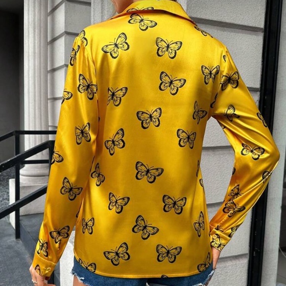 SHEIN Yellow Butterfly Print Blouse - Picture 2 of 3